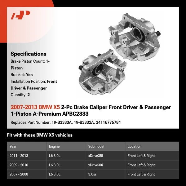 2007-2013 BMW X5 2-Pc Brake Caliper Front Driver & Passenger 1-Piston A-Premium APBC2833