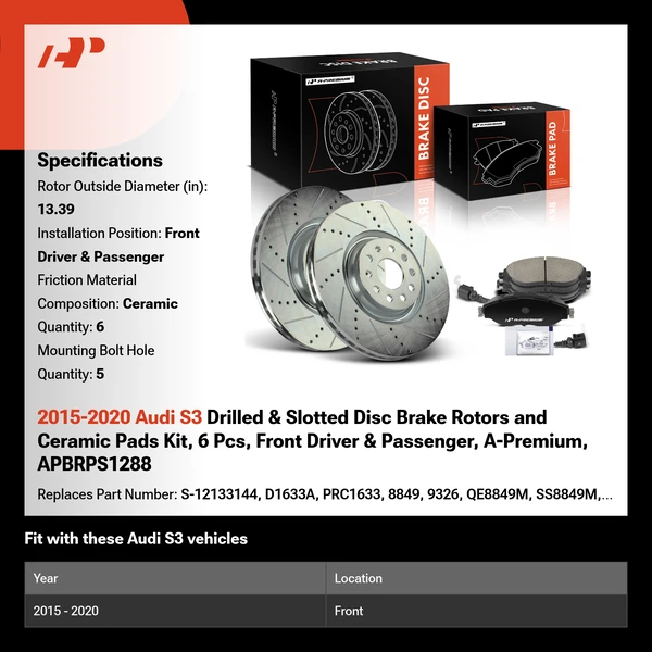 2015-2020 Audi S3 Drilled & Slotted Disc Brake Rotors and Ceramic Pads Kit, 6 Pcs, Front Driver & Passenger, A-Premium, APBRPS1288