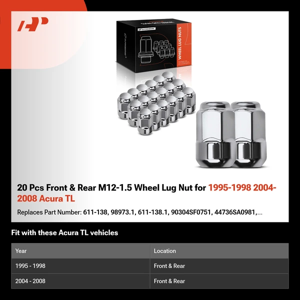 20 Pcs Front & Rear M12-1.5 Wheel Lug Nut for 1995-1998 2004-2008 Acura TL