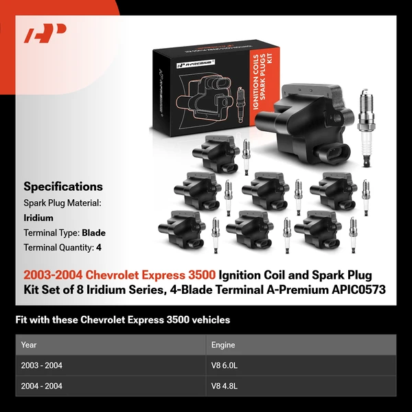 2003-2004 Chevrolet Express 3500 Ignition Coil and Spark Plug Kit Set of 8 Iridium Series, 4-Blade Terminal A-Premium APIC0573