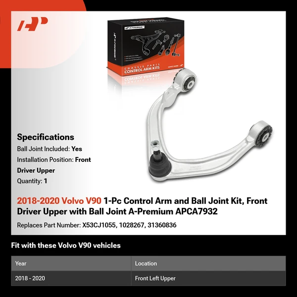 2018-2020 Volvo V90 1-Pc Control Arm and Ball Joint Kit, Front Driver Upper with Ball Joint A-Premium APCA7932