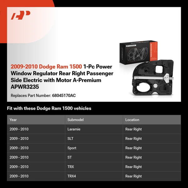 2009-2010 Dodge Ram 1500 1-Pc Power Window Regulator Rear Right Passenger Side Electric with Motor A-Premium APWR3235