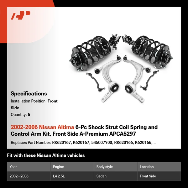 2002-2006 Nissan Altima 6-Pc Shock Strut Coil Spring and Control Arm Kit, Front Side A-Premium APCA5297