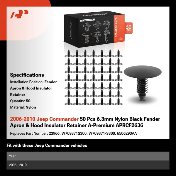 2006-2010 Jeep Commander 50 Pcs 6.3mm Nylon Black Fender Apron & Hood Insulator Retainer A-Premium APRCF2636