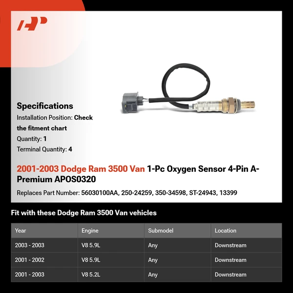 2001-2003 Dodge Ram 3500 Van 1-Pc Oxygen Sensor 4-Pin A-Premium APOS0320