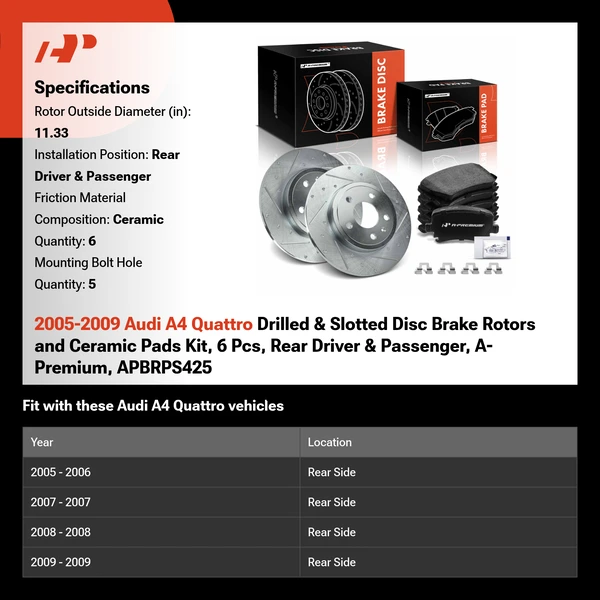 2005-2009 Audi A4 Quattro Drilled & Slotted Disc Brake Rotors and Ceramic Pads Kit, 6 Pcs, Rear Driver & Passenger, A-Premium, APBRPS425