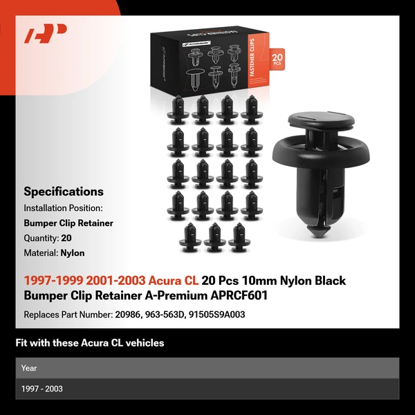 1997-1999 2001-2003 Acura CL 20 Pcs 10mm Nylon Black Bumper Clip Retainer A-Premium APRCF601