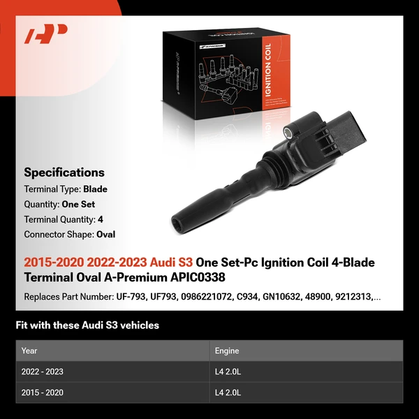 2015-2020 2022-2023 Audi S3 One Set-Pc Ignition Coil 4-Blade Terminal Oval A-Premium APIC0338