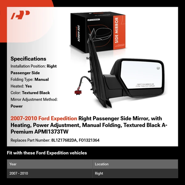 2007-2010 Ford Expedition Right Passenger Side Mirror, with Heating, Power Adjustment, Manual Folding, Textured Black A-Premium APMI1373TW
