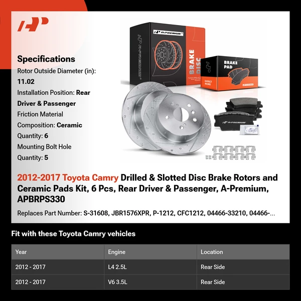 2012-2017 Toyota Camry Drilled & Slotted Disc Brake Rotors and Ceramic Pads Kit, 6 Pcs, Rear Driver & Passenger, A-Premium, APBRPS330