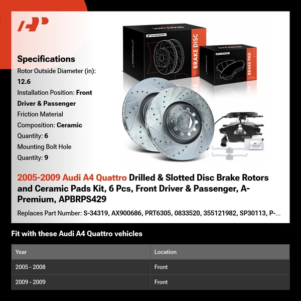 2005-2009 Audi A4 Quattro Drilled & Slotted Disc Brake Rotors and Ceramic Pads Kit, 6 Pcs, Front Driver & Passenger, A-Premium, APBRPS429