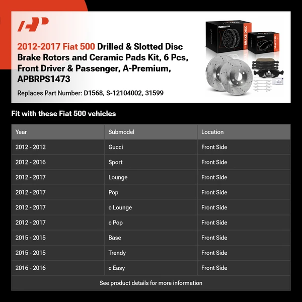 2012-2017 Fiat 500 Drilled & Slotted Disc Brake Rotors and Ceramic Pads Kit, 6 Pcs, Front Driver & Passenger, A-Premium, APBRPS1473