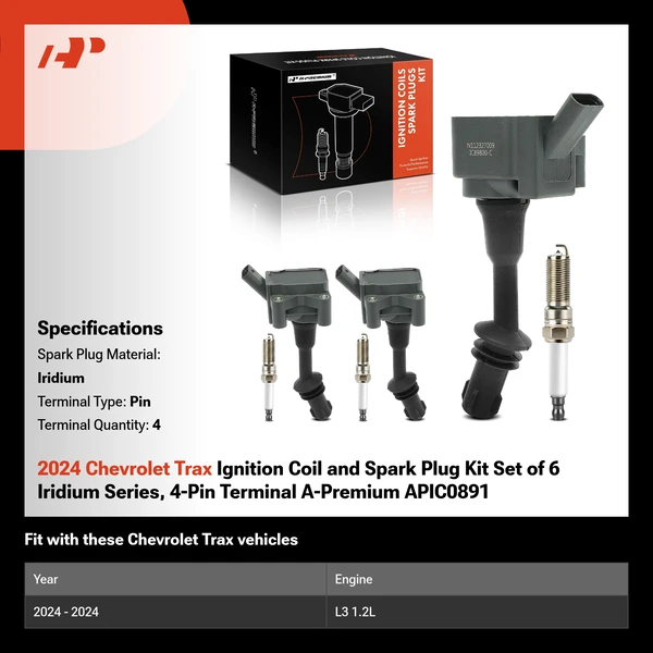 2024 Chevrolet Trax Ignition Coil and Spark Plug Kit Set of 6 Iridium Series, 4-Pin Terminal A-Premium APIC0891