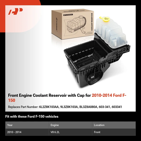 Front Engine Coolant Reservoir with Cap for 2010-2014 Ford F-150