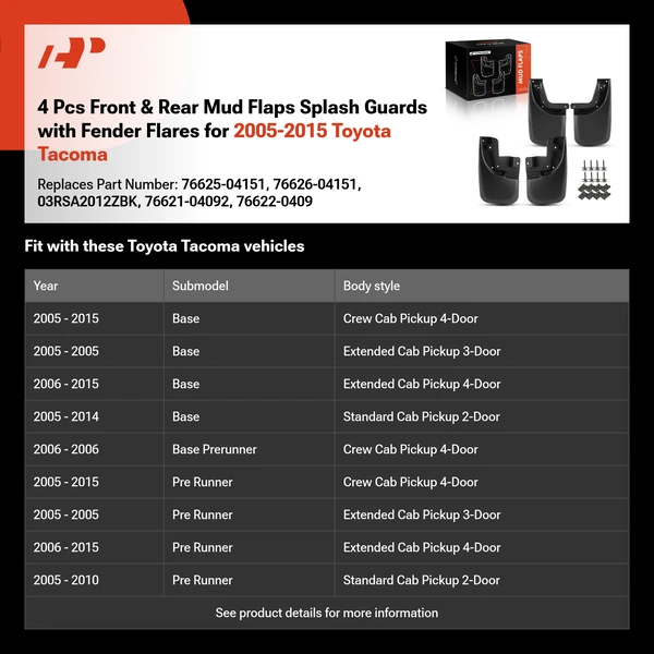 4 Pcs Front & Rear Mud Flaps Splash Guards with Fender Flares for 2005-2015 Toyota Tacoma