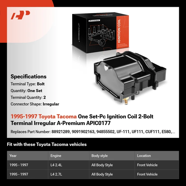 1995-1997 Toyota Tacoma One Set-Pc Ignition Coil 2-Bolt Terminal Irregular A-Premium APIC0177