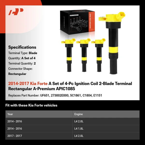 2014-2017 Kia Forte A Set of 4-Pc Ignition Coil 2-Blade Terminal Rectangular A-Premium APIC1085