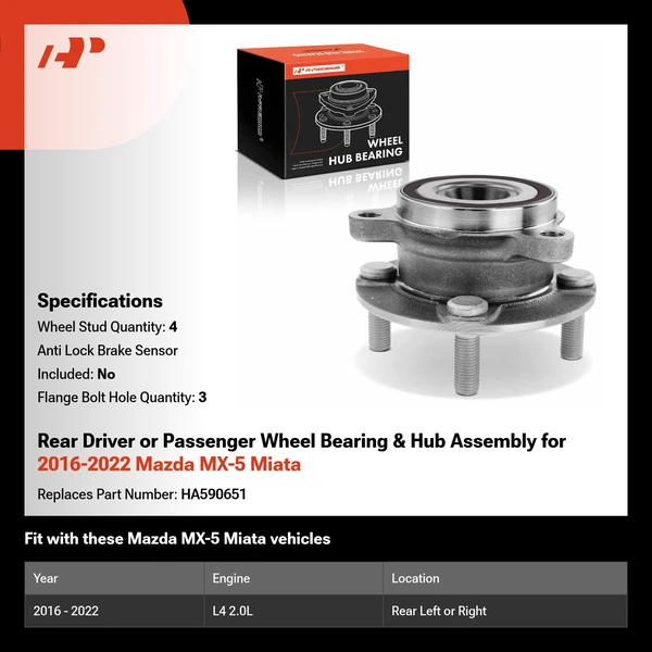 Rear Driver or Passenger Wheel Bearing & Hub Assembly for 2016-2022 Mazda MX-5 Miata