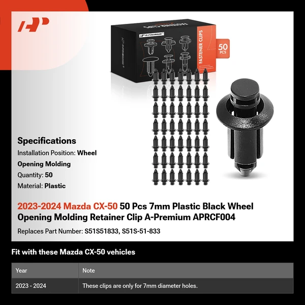 2023-2024 Mazda CX-50 50 Pcs 7mm Plastic Black Wheel Opening Molding Retainer Clip A-Premium APRCF004