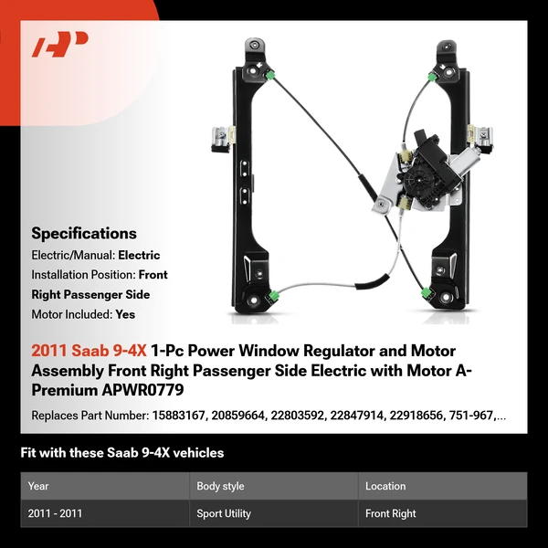 2011 Saab 9-4X 1-Pc Power Window Regulator and Motor Assembly Front Right Passenger Side Electric with Motor A-Premium APWR0779