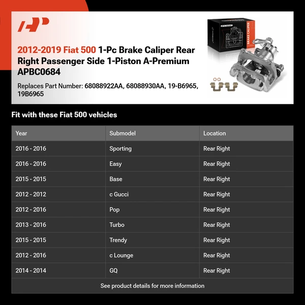 2012-2019 Fiat 500 1-Pc Brake Caliper Rear Right Passenger Side 1-Piston A-Premium APBC0684
