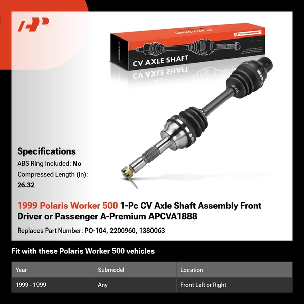 1999 Polaris Worker 500 1-Pc CV Axle Shaft Assembly Front Driver or Passenger A-Premium APCVA1888