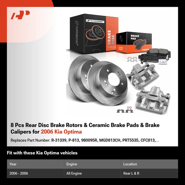 8 Pcs Rear Disc Brake Rotors & Ceramic Brake Pads & Brake Calipers for 2006 Kia Optima