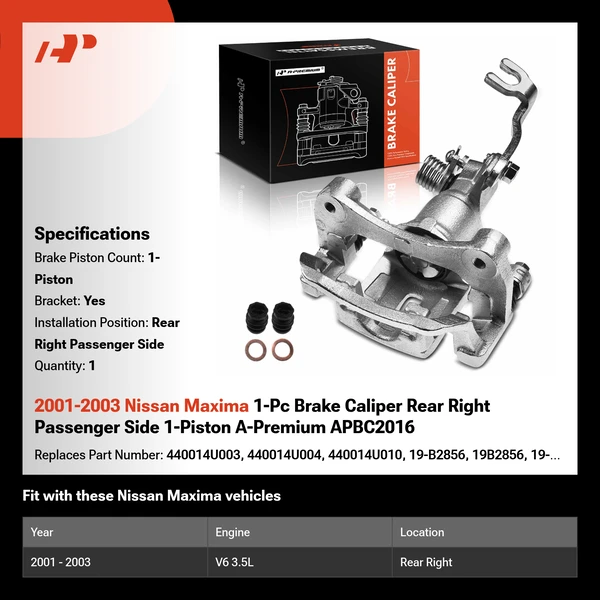 2001-2003 Nissan Maxima 1-Pc Brake Caliper Rear Right Passenger Side 1-Piston A-Premium APBC2016