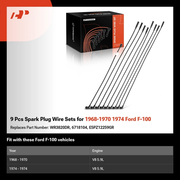 9 Pcs Spark Plug Wire Sets for 1968-1970 1974 Ford F-100
