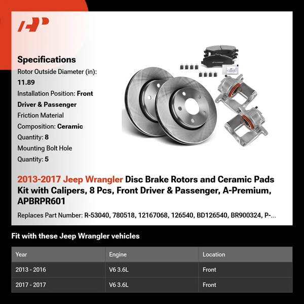 2013-2017 Jeep Wrangler Disc Brake Rotors and Ceramic Pads Kit with Calipers, 8 Pcs, Front Driver & Passenger, A-Premium, APBRPR601