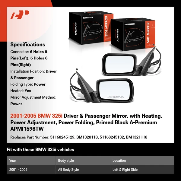 2001-2005 BMW 325i Driver & Passenger Mirror, with Heating, Power Adjustment, Power Folding, Primed Black A-Premium APMI1598TW