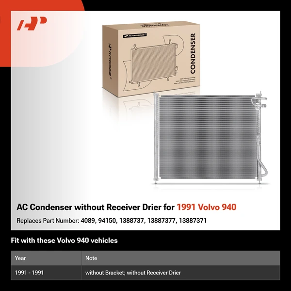 AC Condenser without Receiver Drier for 1991 Volvo 940