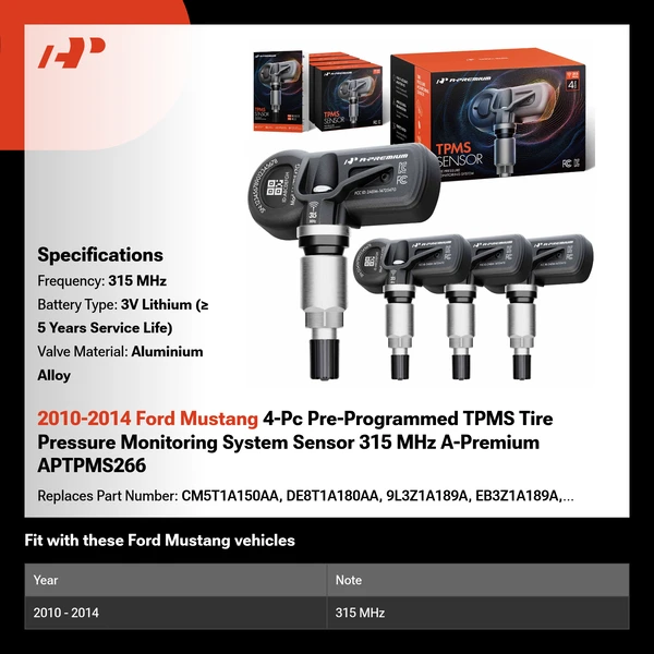 2010-2014 Ford Mustang 4-Pc Pre-Programmed TPMS Tire Pressure Monitoring System Sensor 315 MHz A-Premium APTPMS266
