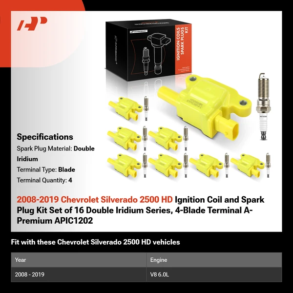 2008-2019 Chevrolet Silverado 2500 HD Ignition Coil and Spark Plug Kit Set of 16 Double Iridium Series, 4-Blade Terminal A-Premium APIC1202