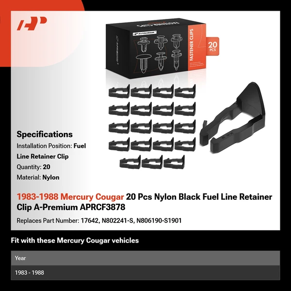 1983-1988 Mercury Cougar 20 Pcs Nylon Black Fuel Line Retainer Clip A-Premium APRCF3878