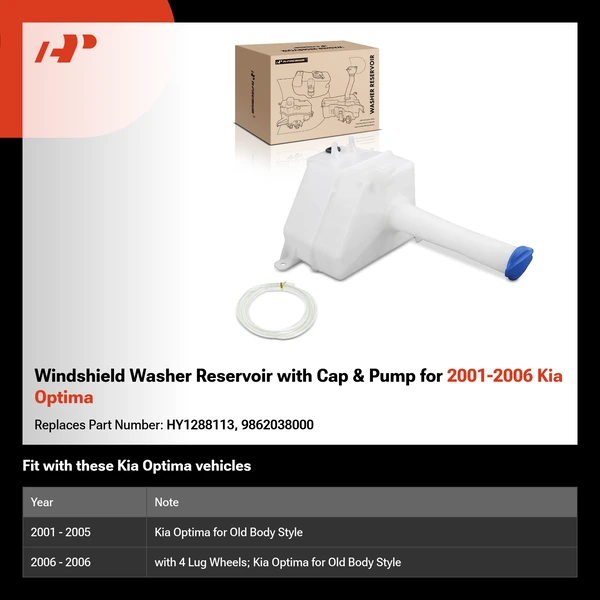 Windshield Washer Reservoir with Cap & Pump for 2001-2006 Kia Optima