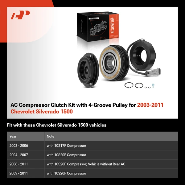 AC Compressor Clutch Kit with 4-Groove Pulley for 2003-2011 Chevrolet Silverado 1500