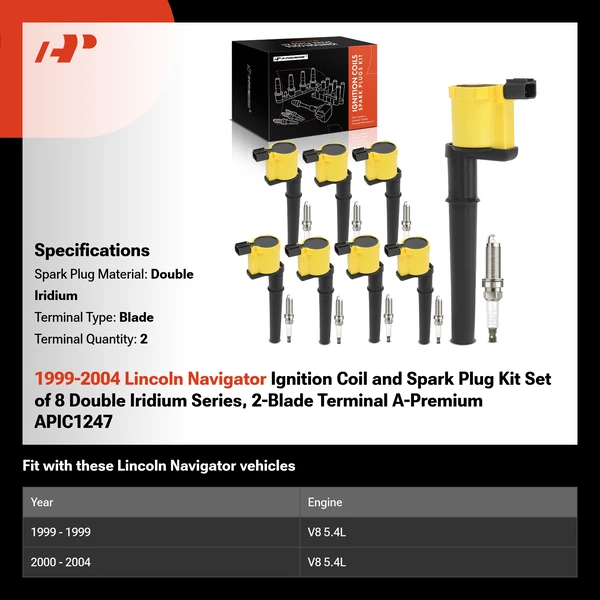 1999-2004 Lincoln Navigator Ignition Coil and Spark Plug Kit Set of 8 Double Iridium Series, 2-Blade Terminal A-Premium APIC1247