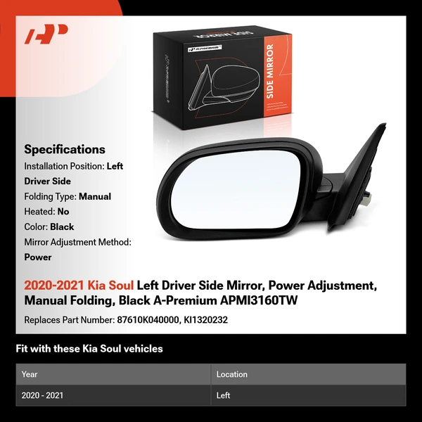 2020-2021 Kia Soul Left Driver Side Mirror, Power Adjustment, Manual Folding, Black A-Premium APMI3160TW
