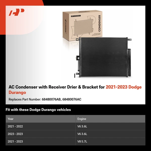 AC Condenser with Receiver Drier & Bracket for 2021-2023 Dodge Durango