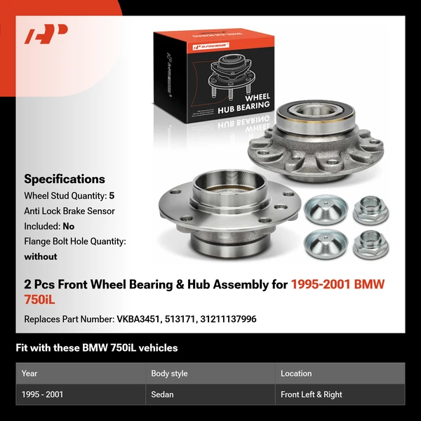 2 Pcs Front Wheel Bearing & Hub Assembly for 1995-2001 BMW 750iL