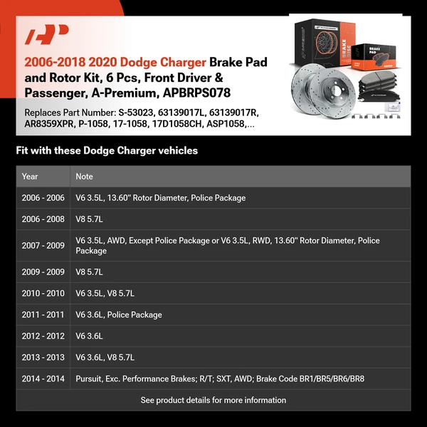 2006-2018 2020 Dodge Charger Brake Pad and Rotor Kit, 6 Pcs, Front Driver & Passenger, A-Premium, APBRPS078