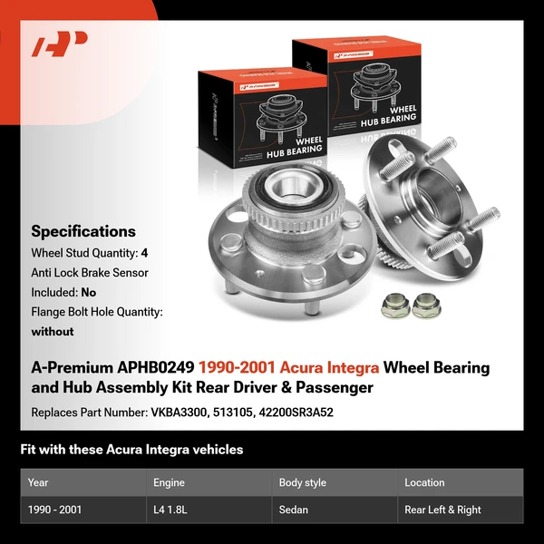 A-Premium APHB0249 1990-2001 Acura Integra Wheel Bearing and Hub Assembly Kit Rear Driver & Passenger
