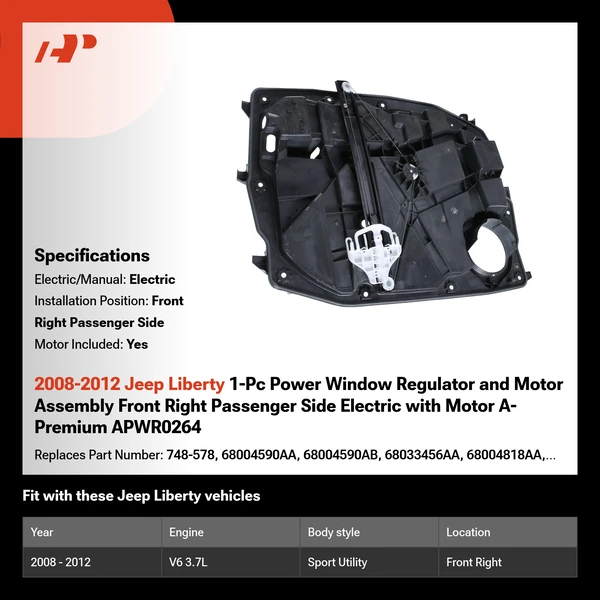 2008-2012 Jeep Liberty 1-Pc Power Window Regulator and Motor Assembly Front Right Passenger Side Electric with Motor A-Premium APWR0264