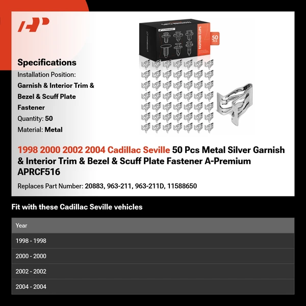 1998 2000 2002 2004 Cadillac Seville 50 Pcs Metal Silver Garnish & Interior Trim & Bezel & Scuff Plate Fastener A-Premium APRCF516