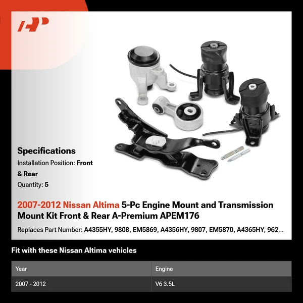 2007-2012 Nissan Altima 5-Pc Engine Mount and Transmission Mount Kit Front & Rear A-Premium APEM176