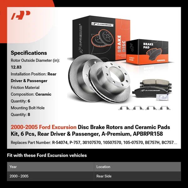 2000-2005 Ford Excursion Disc Brake Rotors and Ceramic Pads Kit, 6 Pcs, Rear Driver & Passenger, A-Premium, APBRPR158