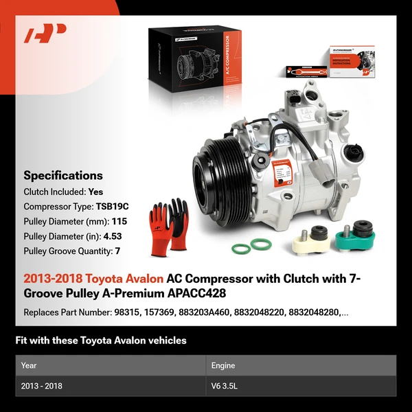2013-2018 Toyota Avalon AC Compressor with Clutch with 7-Groove Pulley A-Premium APACC428