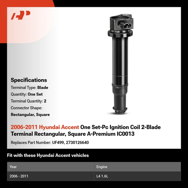2006-2011 Hyundai Accent One Set-Pc Ignition Coil 2-Blade Terminal Rectangular, Square A-Premium IC0013