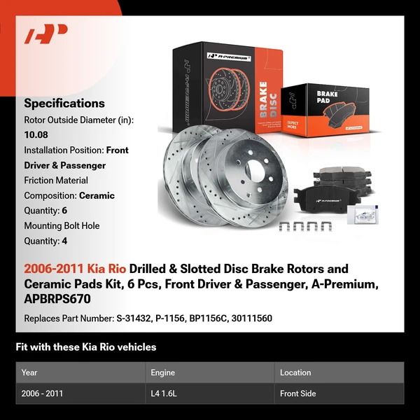 2006-2011 Kia Rio Drilled & Slotted Disc Brake Rotors and Ceramic Pads Kit, 6 Pcs, Front Driver & Passenger, A-Premium, APBRPS670